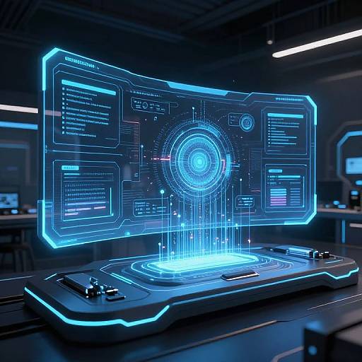 Digital CGI image of a futuristic control room with glowing blue holographic interface displaying intricate technical data and energy patterns.