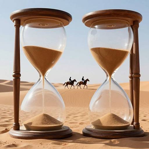 Photograph of two wooden hourglasses in a desert, sand flowing, with two riders on horses in the background under a clear blue sky.