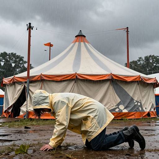 Photograph: Rainy, cloudy day, person in yellow raincoat crawling on wet ground in front of large, white and orange circus tent.