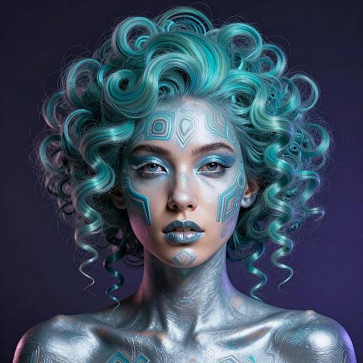 Digital art of a woman with glowing, turquoise, curly hair and intricate, neon blue face markings, illuminated against a dark background.