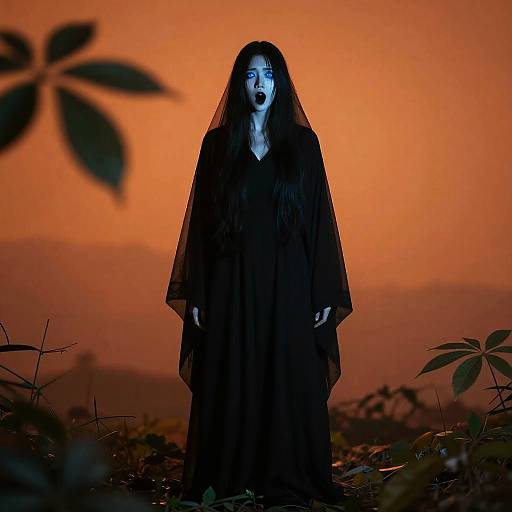 Photograph of a pale, blue-lit woman with long black hair, dark veil, and black dress, standing against an orange sunset, surrounded by