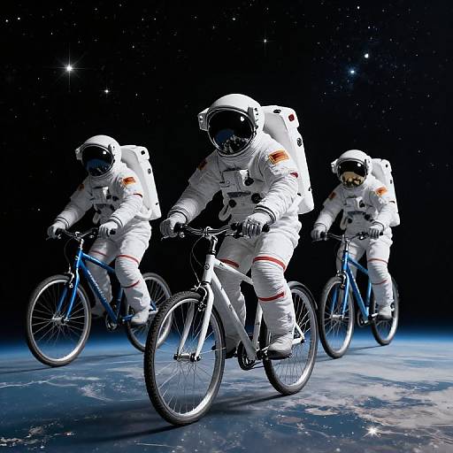 Photorealistic CGI of three astronauts in white space suits riding bicycles in space, with Earth's surface and stars in the background.