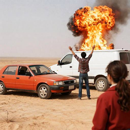 Dramatic Desert Explosion Scene with Figures