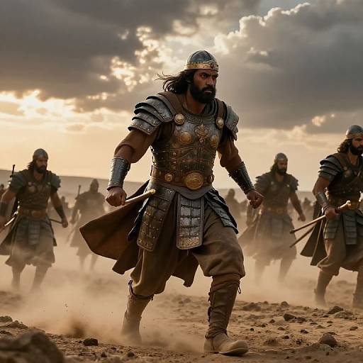 Photograph of a bearded warrior in ancient silver armor, leading a charge at sunset, with dust and clouds in the background.