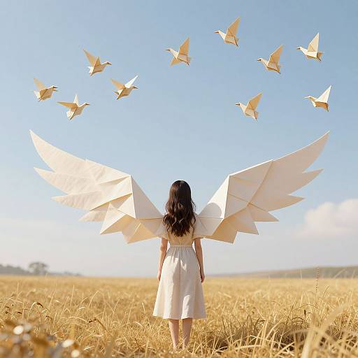 Photograph: Angelic girl with paper wings, white dress, stands in golden field, watches paper birds fly in clear blue sky.