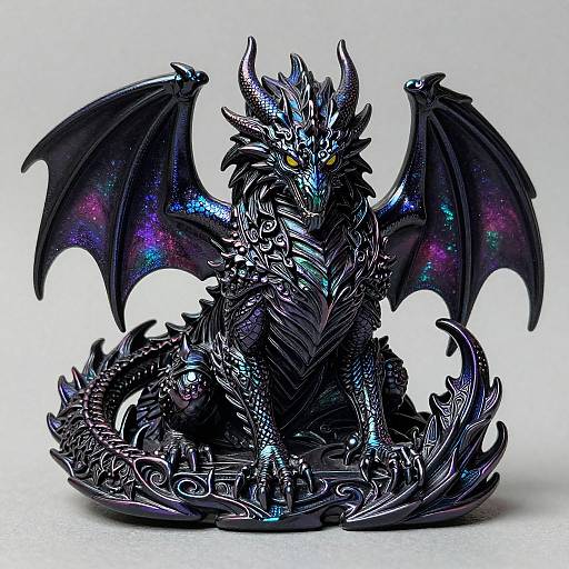 Photograph of a detailed, black, metallic dragon figurine with glowing blue and purple accents, intricate scales, and large, outstretched wings,