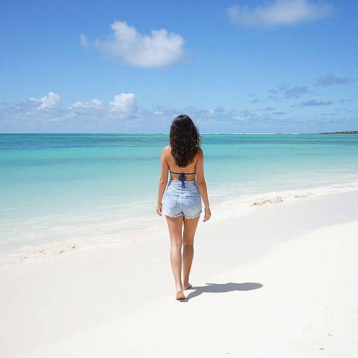 Photograph of a woman with long black hair in a bikini top and denim shorts walking barefoot on a white sandy beach, facing turquoise ocean under a