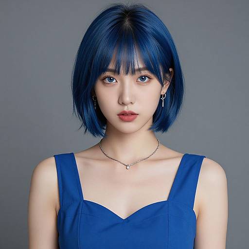 Photograph of an East Asian woman with straight, dark blue bob haircut, wearing a sleeveless blue dress, silver necklace, and earrings, against a