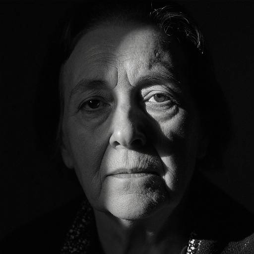 Black-and-white photograph of an elderly woman with wrinkled skin, deep-set eyes, and a serious expression, lit dramatically from the side.
