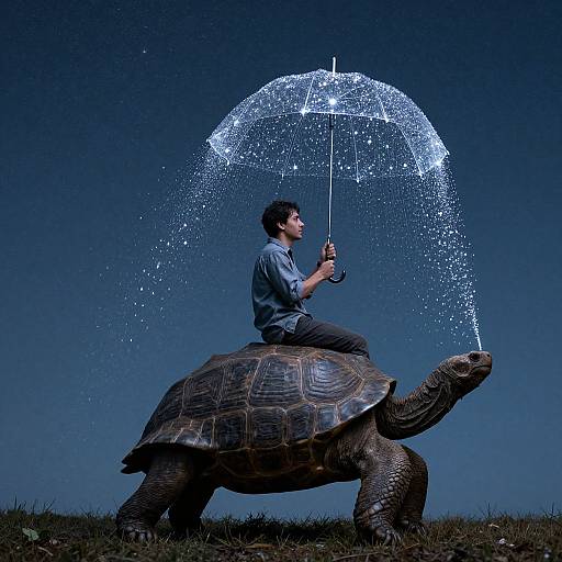 Photograph of a man in a blue shirt riding a large tortoise, holding an umbrella that sprays water into the dark blue sky.