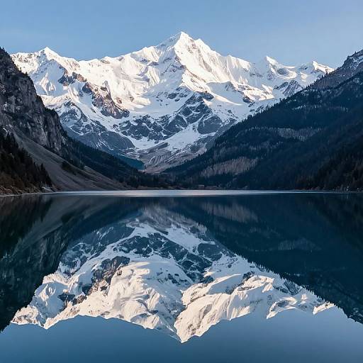 Photograph of a serene mountain lake reflecting snow-capped peaks under a clear blue sky, surrounded by dark forested valleys.