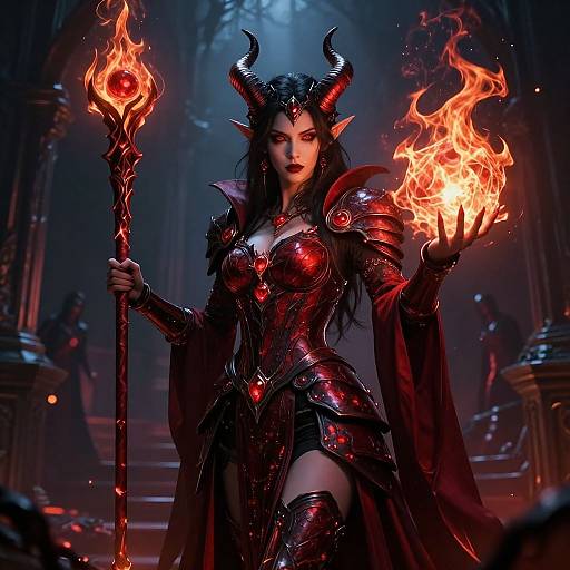 Digital artwork of a dark elf queen with black horns, red armor, and long black hair, conjuring fire with her right hand. She holds a