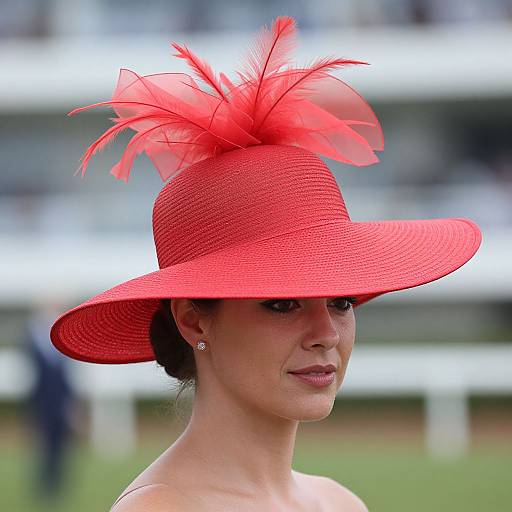 Photograph of a woman with fair skin wearing a bright red, wide-brimmed hat adorned with large, vibrant red feathers, against a blurred outdoor