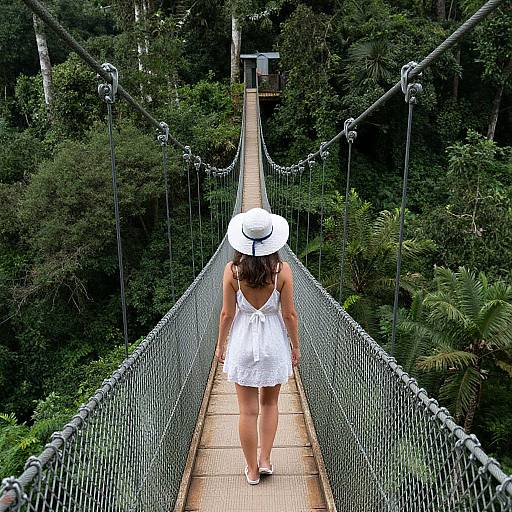 Photograph: Woman in white dress and sunhat walks alone on a suspended rope bridge through lush, green tropical forest.
