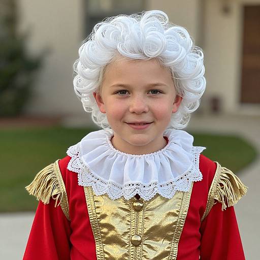 Photograph of a young boy with curly white wig, wearing a red and gold Renaissance-style outfit with white lace collar, smiling in front of a blurred