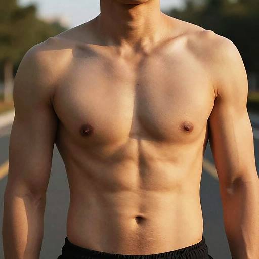 Photograph of a lean, muscular, shirtless man with light skin standing on a sunlit road, highlighting defined chest and abs.