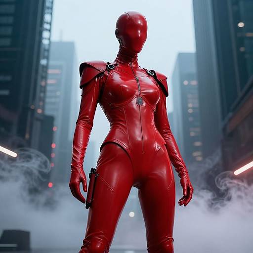 CGI image of a faceless, red, latex-clad female figure standing in a futuristic, foggy cityscape with tall buildings.