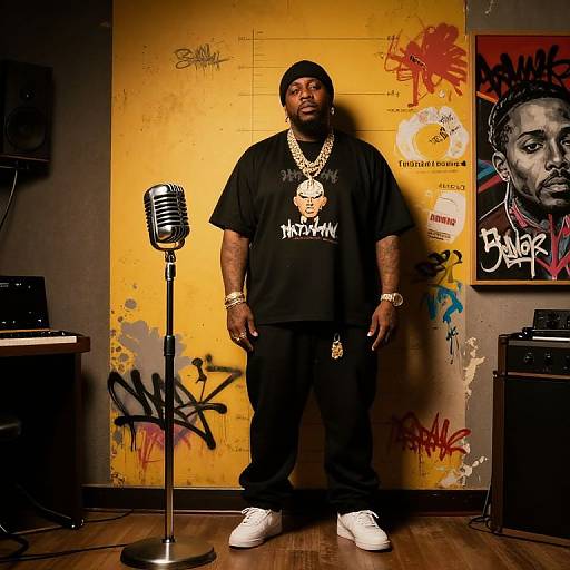 Photograph of a tall, Black man in black shirt and pants, gold chains, white sneakers, standing in front of graffiti-covered yellow wall with vintage