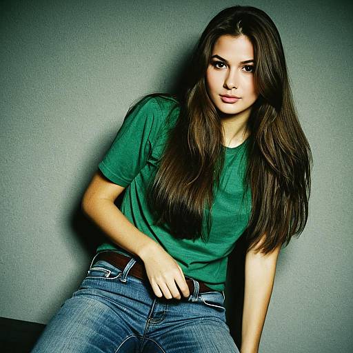 Young woman in green shirt and jeans