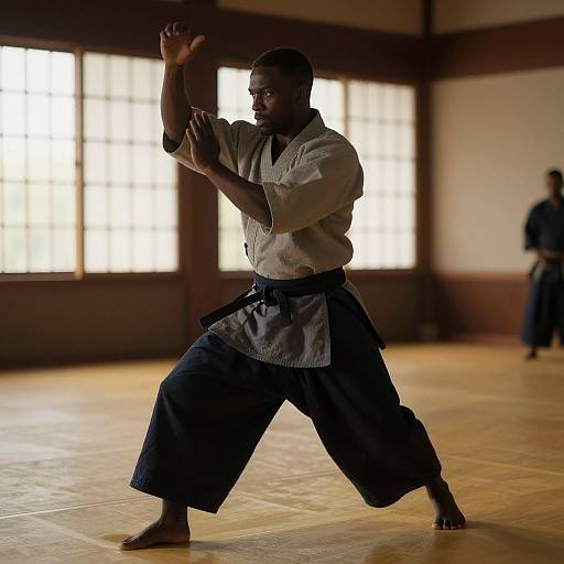 Photograph of a muscular Black man in a traditional martial arts gi, performing a karate stance in a sunlit dojo with wooden floors and large windows