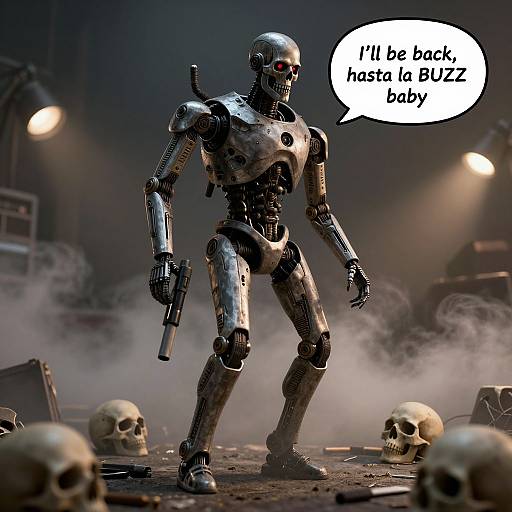 Photorealistic CGI of a metallic robot holding a gun, standing among skulls in a smoky, dimly lit room, speech bubble: 
