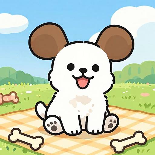 Cute cartoon white puppy with brown ears, sitting on a yellow checkered blanket in a grassy field with bones and a bone toy under a bright