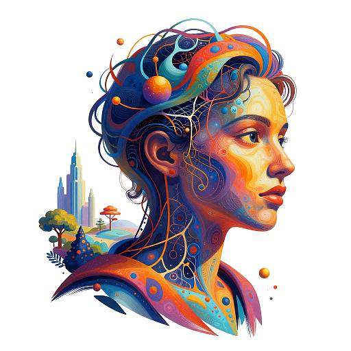 Digital art of a vibrant, multicolored profile of a woman with swirling hair, featuring abstract elements and a fantasy landscape background.