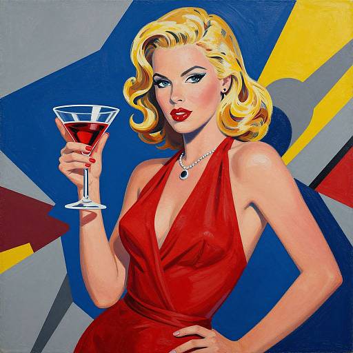 Pop art-style digital illustration of a blonde woman in a red halter dress, holding a martini glass, against a colorful geometric background.