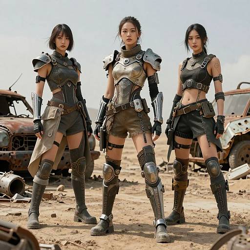 Digital artwork of three fierce, armored Asian women standing in a desert with rusted cars, wearing black and silver combat gear.