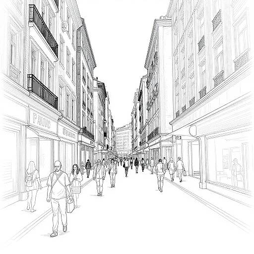 Black-and-white line drawing of a bustling urban street with tall buildings on both sides, crowded with pedestrians, shops, and windows.