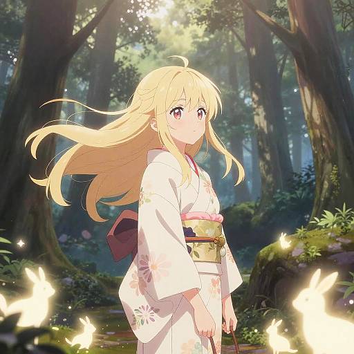 Anime-style digital drawing of a blonde girl in a white kimono with a floral pattern, standing in a sunlit forest surrounded by glowing white butterflies.