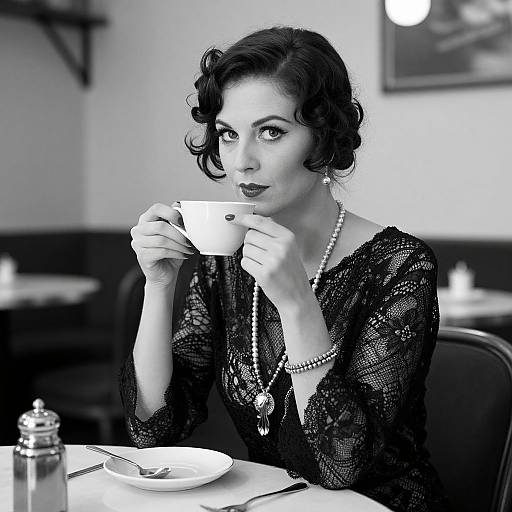 Black-and-white photograph of a 1940s-style woman with curly hair, wearing a lace dress and pearl necklace, sipping tea in a café