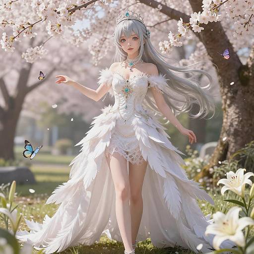 Silver-Haired Queen in Cherry Blossom Garden