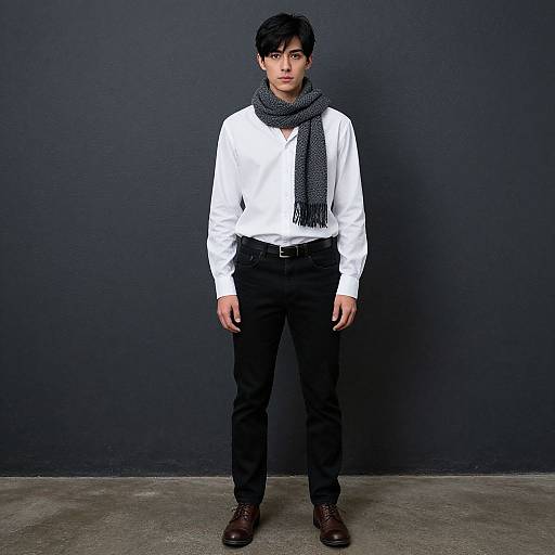 Photograph of a young man with short black hair, wearing a white shirt, black pants, dark scarf, and brown shoes, standing against a dark