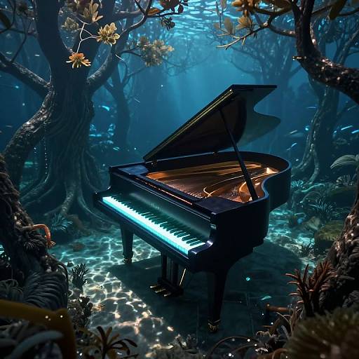 Digital artwork of a glowing grand piano in a mystical underwater forest, surrounded by bioluminescent plants, fish, and ethereal light.