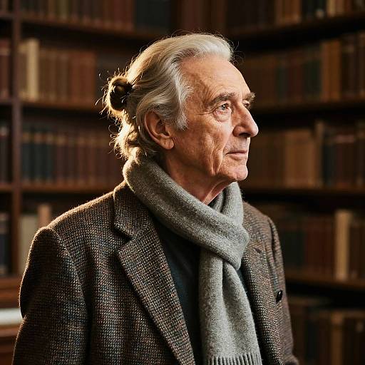 Elderly Man with Loose Bun in Historic Library