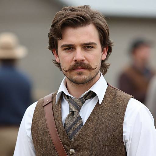 Photograph of a handsome man with dark brown hair, mustache, wearing a white shirt, brown vest, and patterned tie, with a blurred