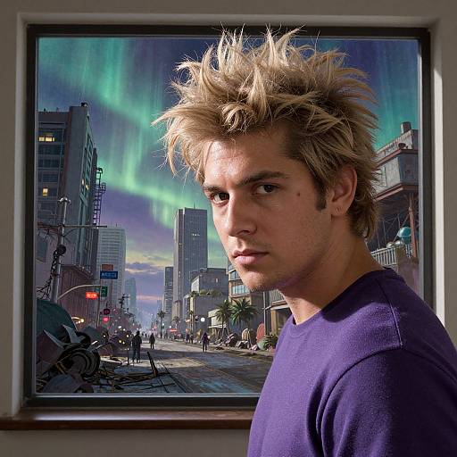 Photograph of a young man with spiky blonde hair, wearing a dark purple shirt, gazing intently at a vibrant cityscape with green aur