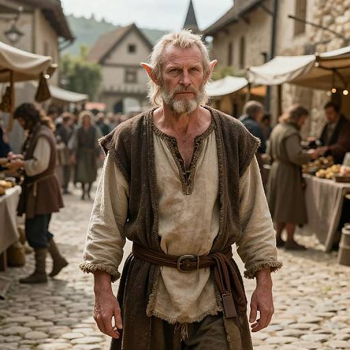 Photograph of an elderly, bearded elf with pointed ears, wearing a tattered brown and beige medieval tunic, standing in a bustling, cob