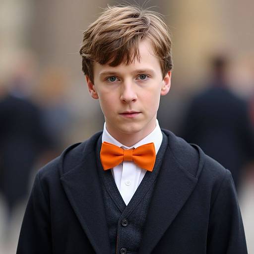 Photograph of a young white boy with brown hair, blue eyes, wearing a black suit, white shirt, and bright orange bow tie, standing in