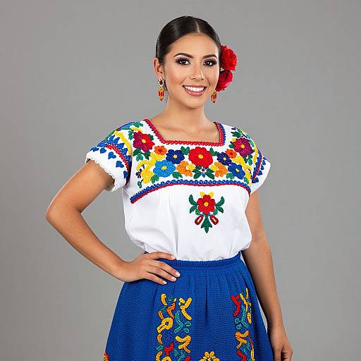 Photograph of a smiling Hispanic woman with dark hair in a bun, wearing a white blouse with colorful floral embroidery, red flower hair clip, blue skirt