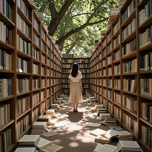 Photograph of a woman with black hair, white blouse, and floral skirt, standing in a sunlit, tree-shaded library aisle, surrounded by