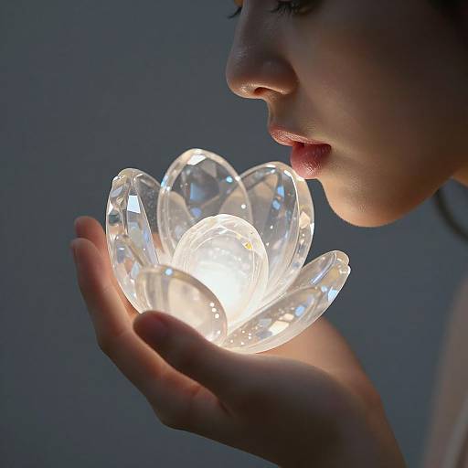 Photograph of a woman's profile, gently holding a glowing, crystal lotus lamp, illuminated against a dark, blurred background.