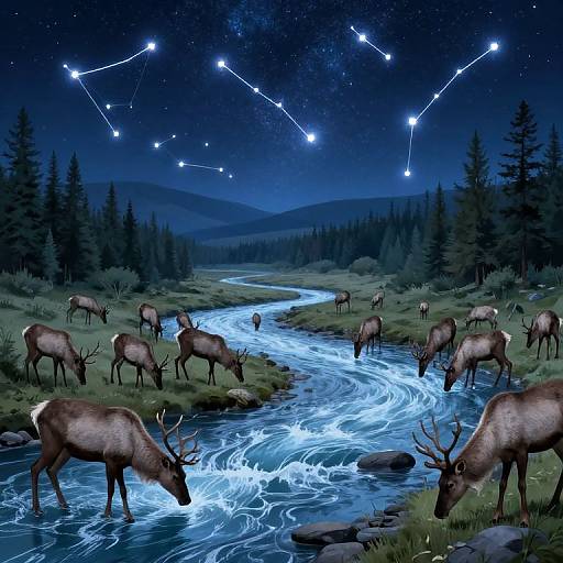 Digital artwork of a night scene with a glowing blue river, starry sky, and a herd of brown elk drinking from the stream, surrounded by dense