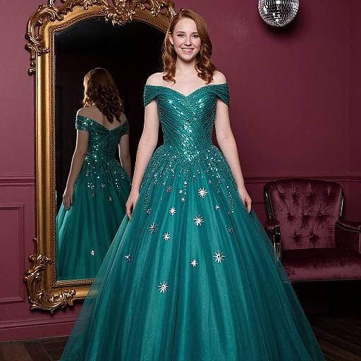 Photograph of a smiling woman with wavy brown hair, wearing an off-shoulder, teal sequined ball gown with star accents, standing in