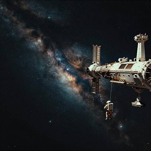 Astronauts and Space Station with Milky Way Background