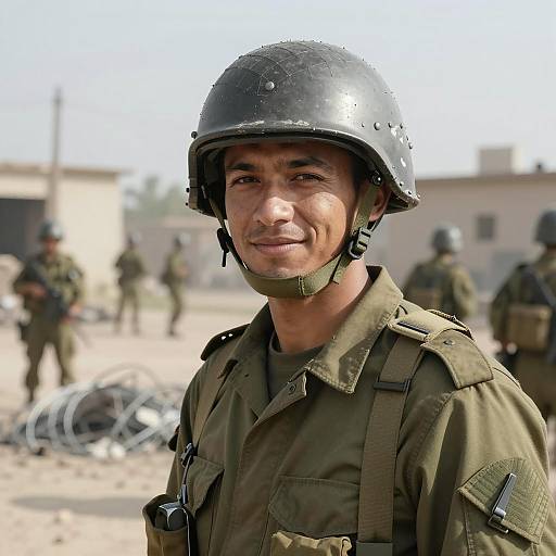 Soldier Smiling in War Zone Setting