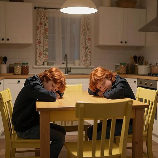 Two Red-Haired Children Resting in Cozy Kitchen