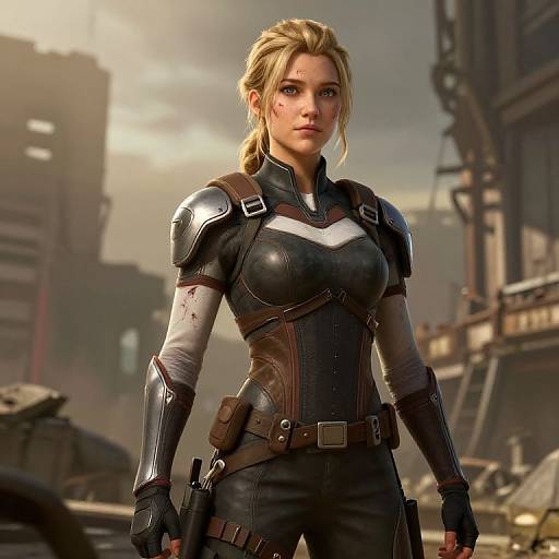 Blonde woman in futuristic, armored black suit with white chest plate, standing in ruined, industrial cityscape; CGI, realistic style.