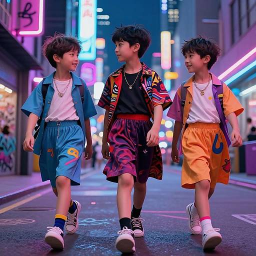 Photograph of three Asian boys with spiky hair walking at night on a neon-lit street, wearing colorful, casual outfits and sneakers.